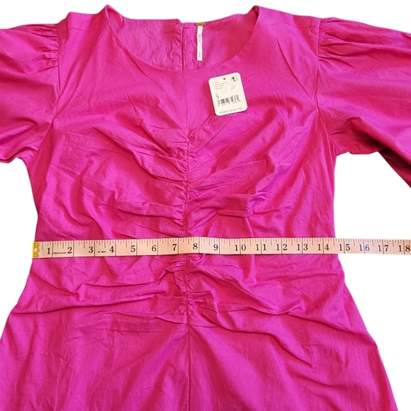NWT Free People Hope Mini Dress Fuchsia Puff Sleeve Ruched Cotton S - Picture 16 of 17